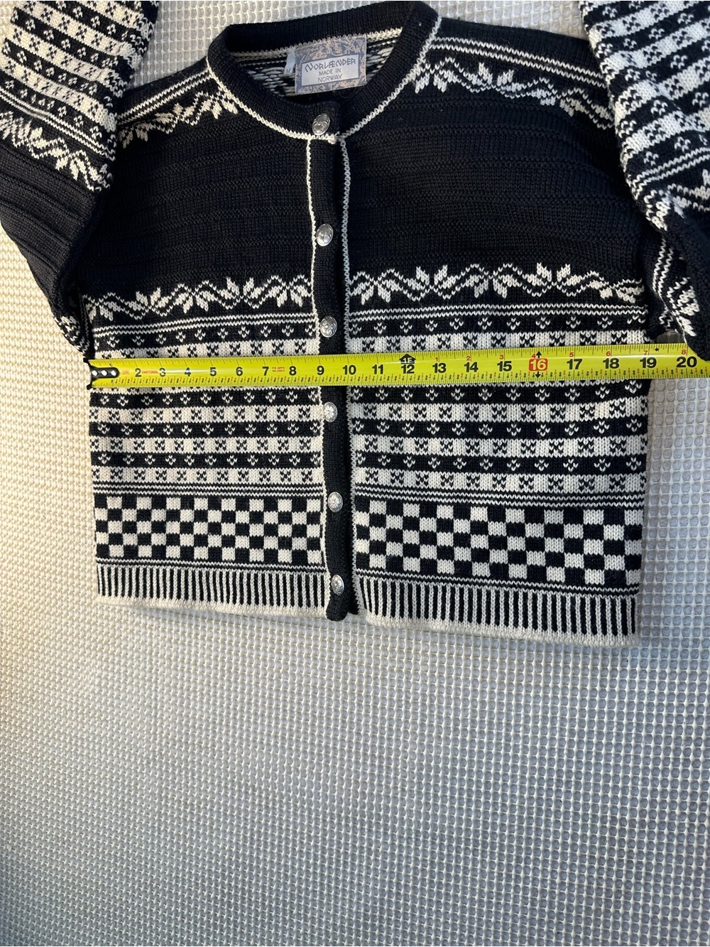 Vintage Norlender Norwegian Wool Cardigan Black Cream Fair Isle Nordic Pewter M - Picture 9 of 10